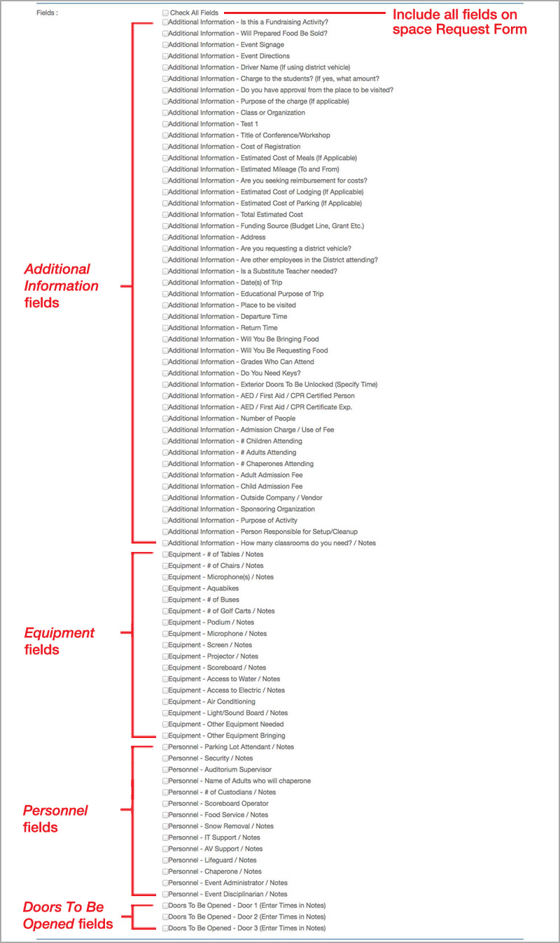 Specify exactly what fields are displayed in an online Facility Request Form associated with a specific space.