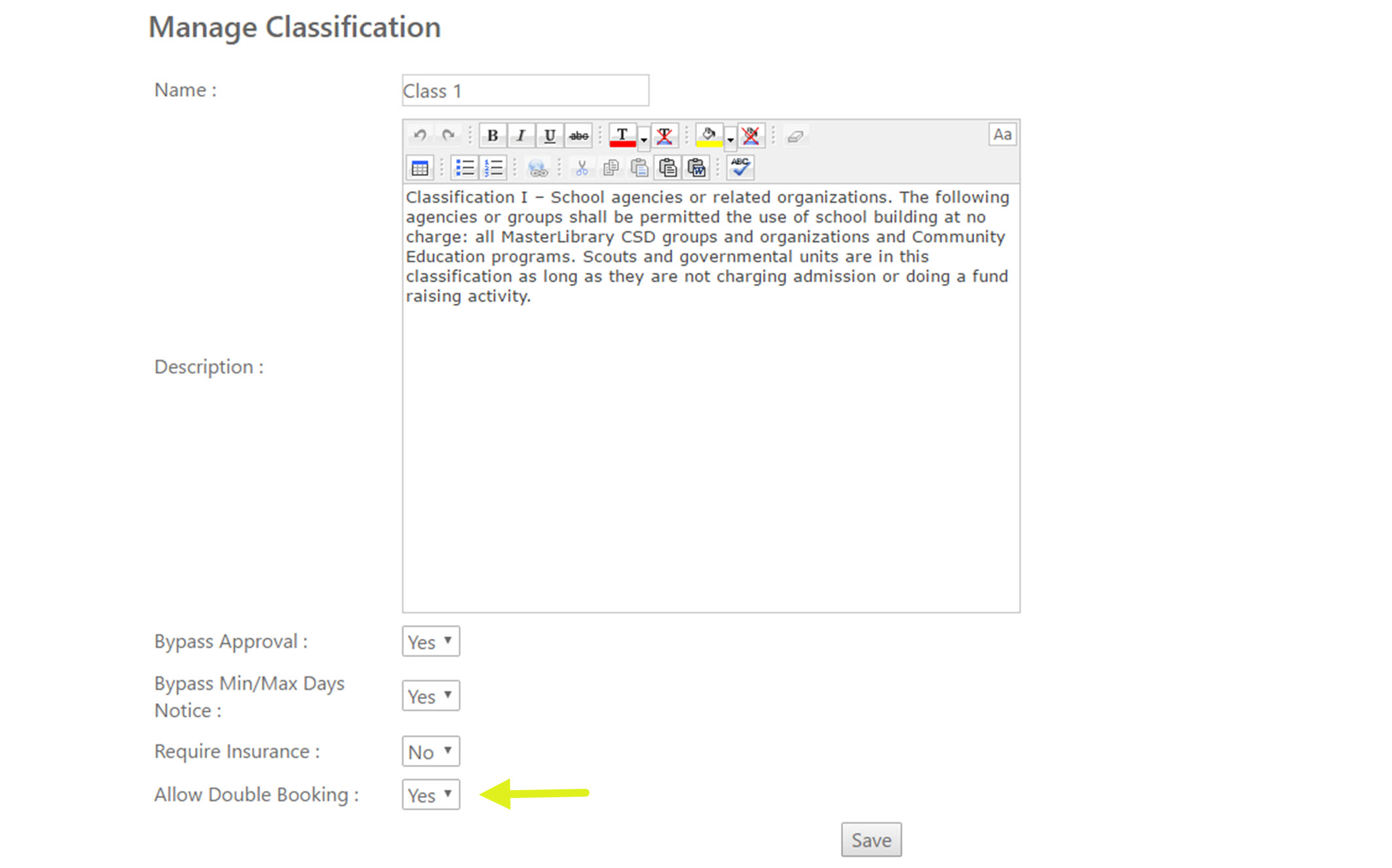 The Manage Classification screen with the Allow Double Booking field highlighted.