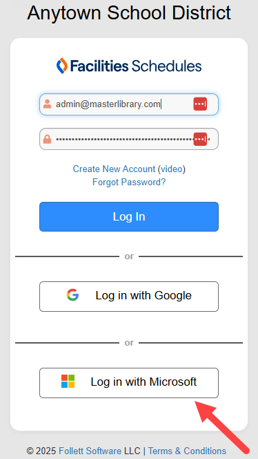 Schedules log in with Log in with Microsoft highlighted