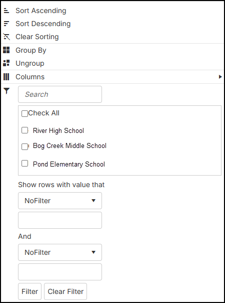 Filter menu