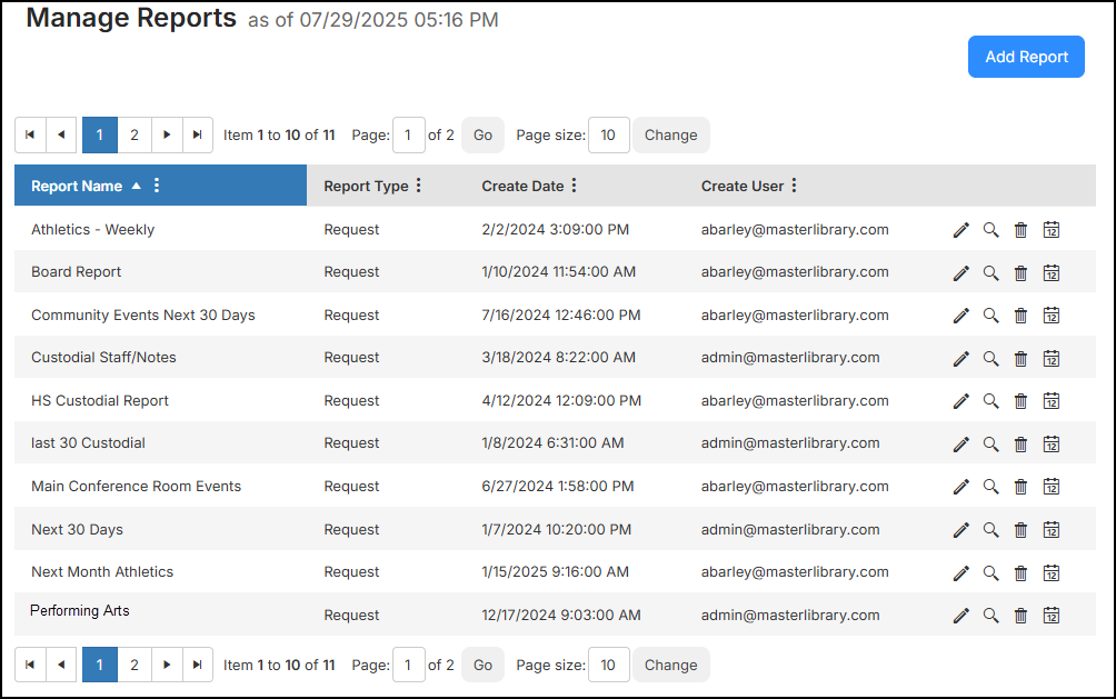 Manage reports page