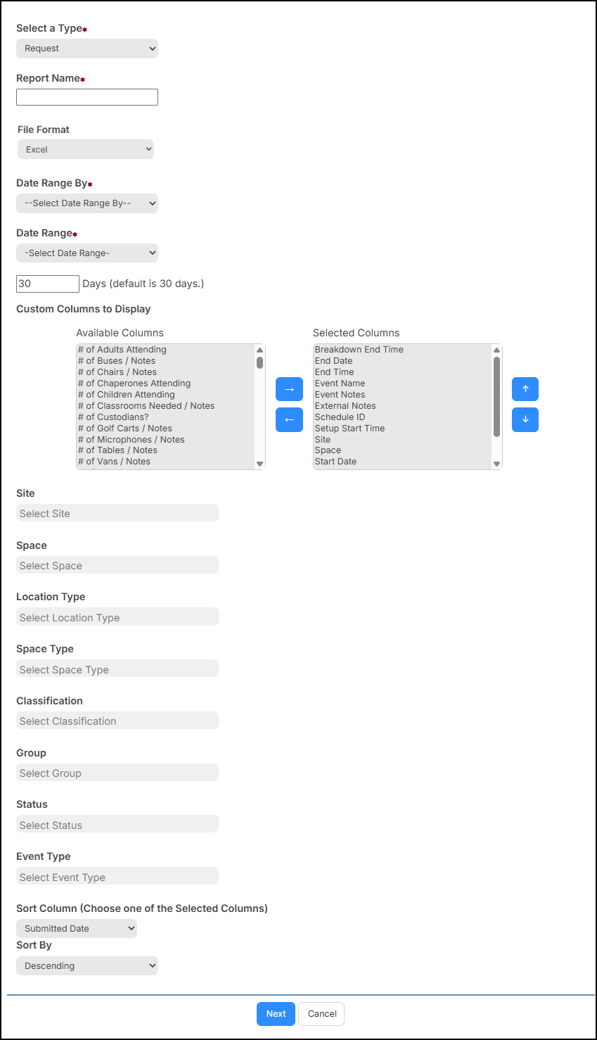 Report builder setup page.