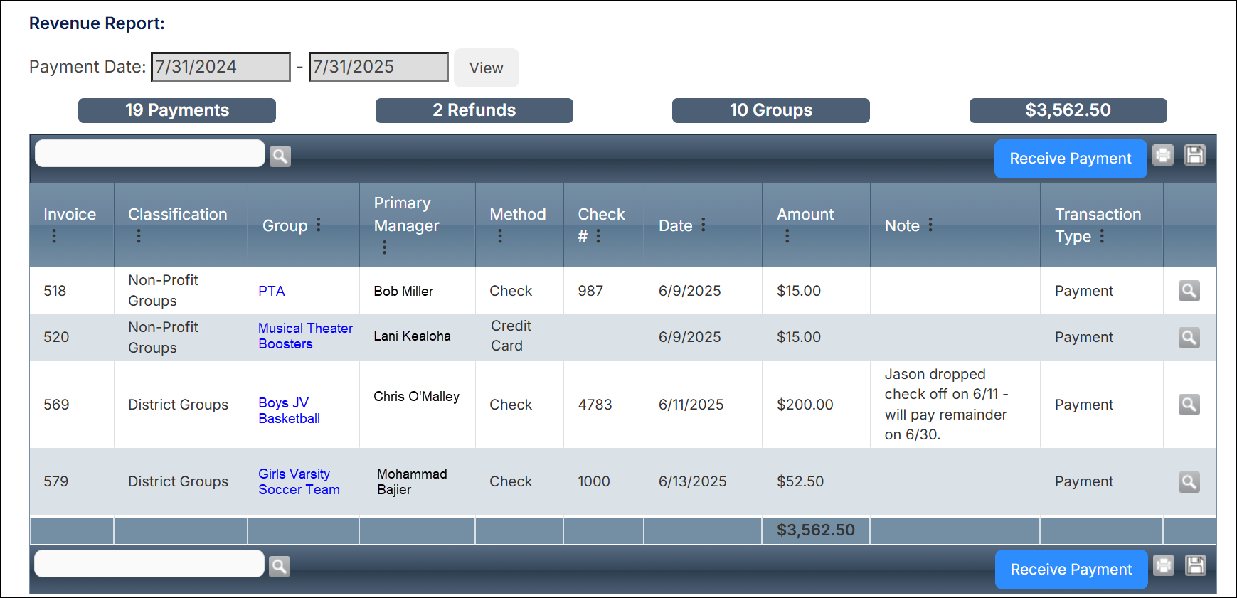 Revenue report page