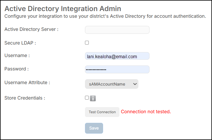 Active directory integration admin page.