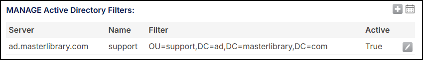 Manage active directory filters page