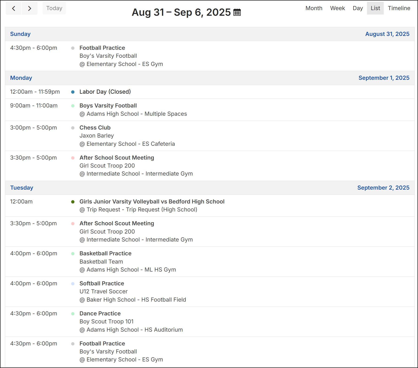 List view calendar sample