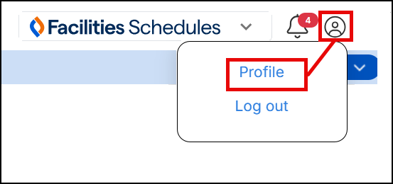 Top-right of Facilities schedules with intitals and Profile highlighted.