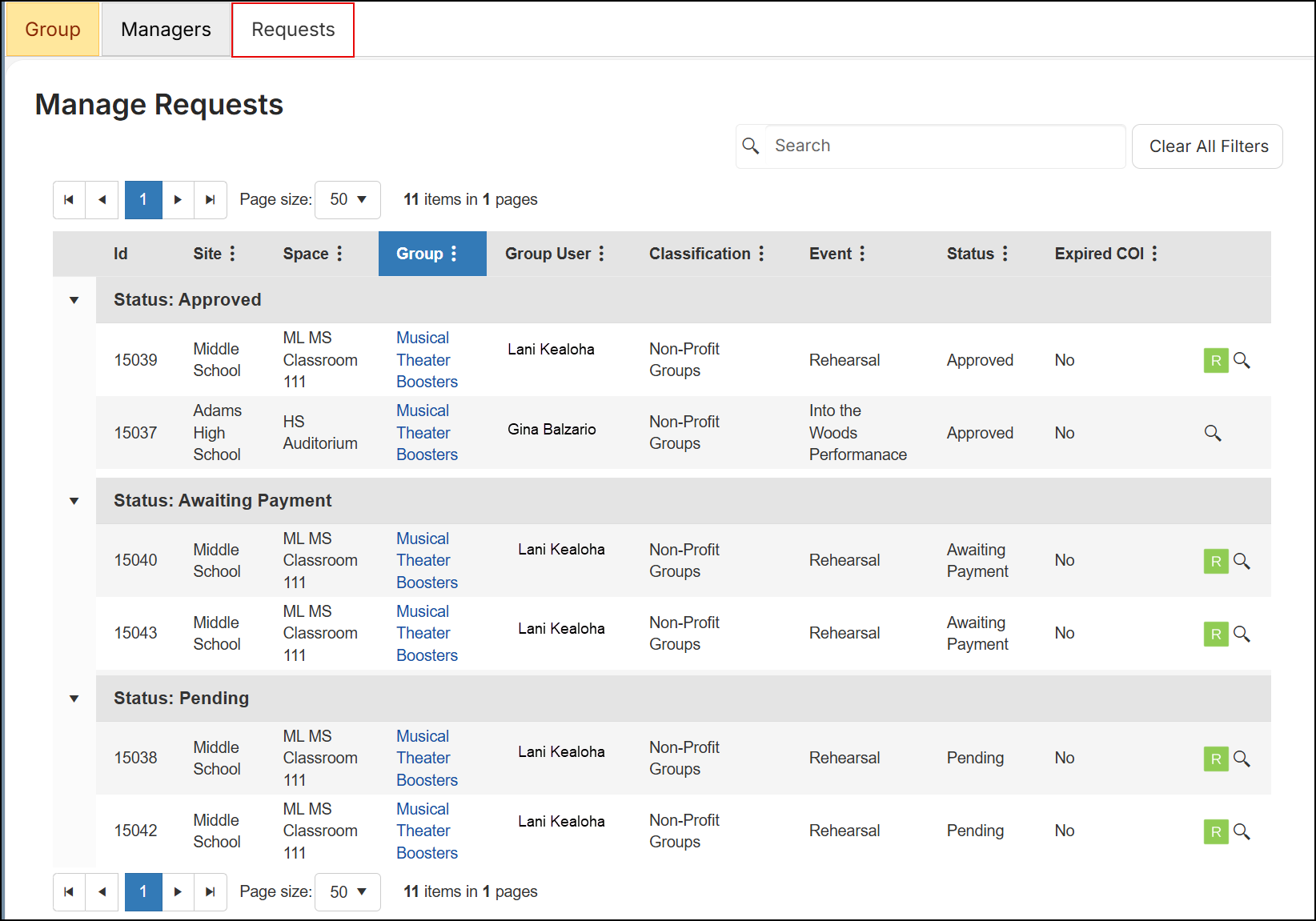 Manage requests tab for groups