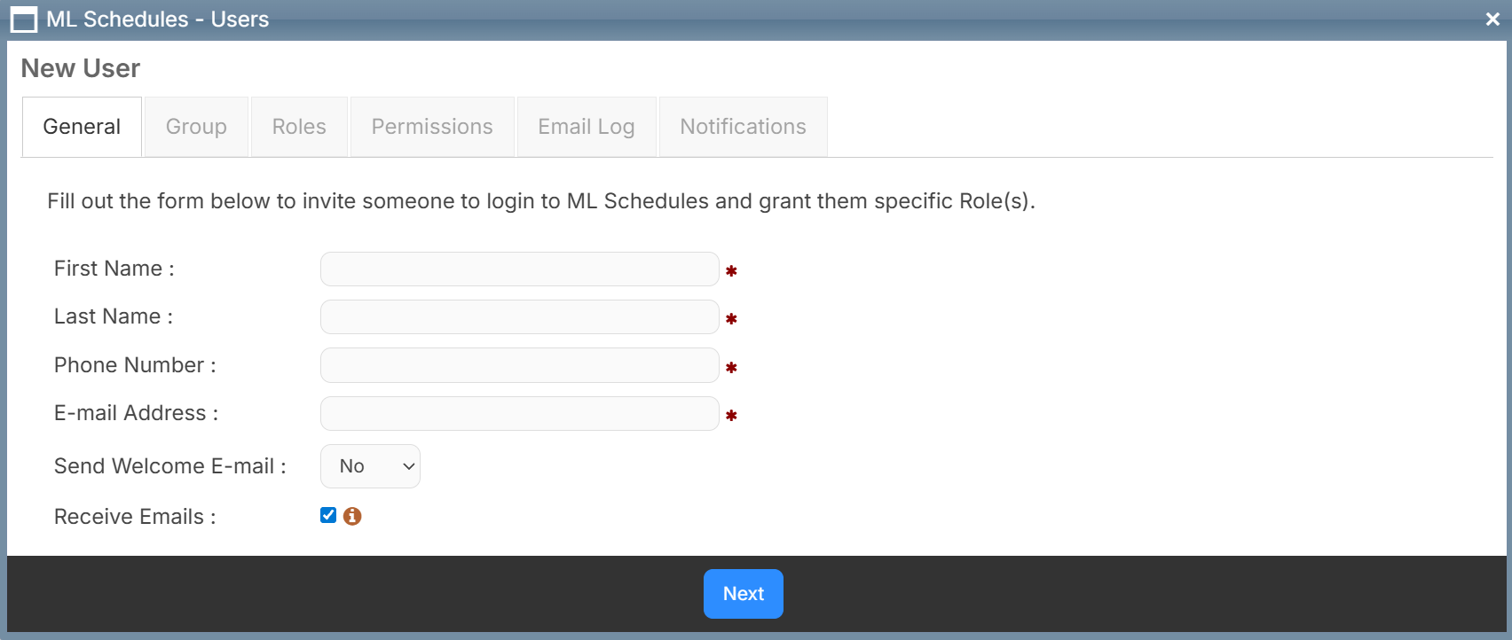 Add new user page, general tab.