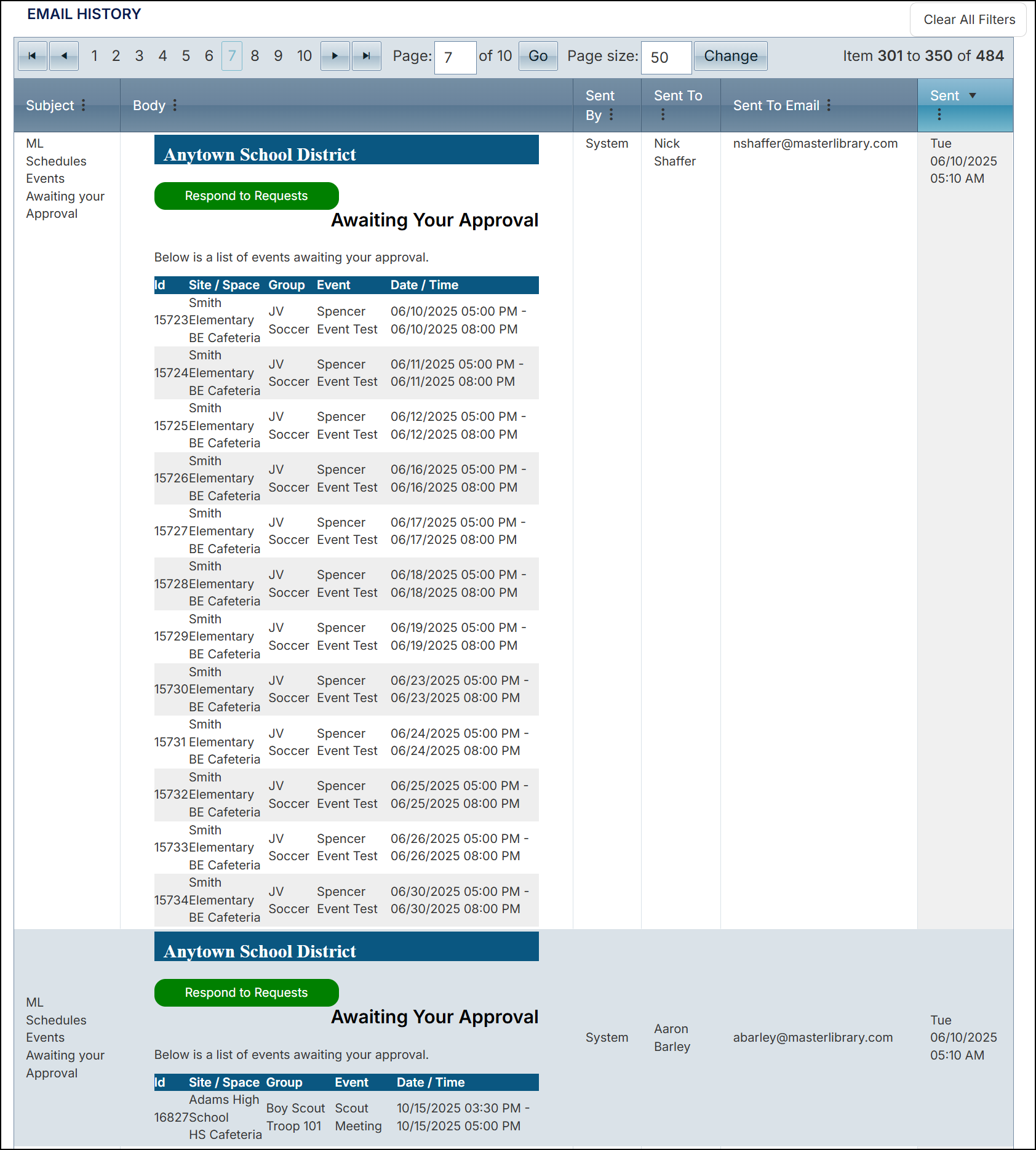 Email history page