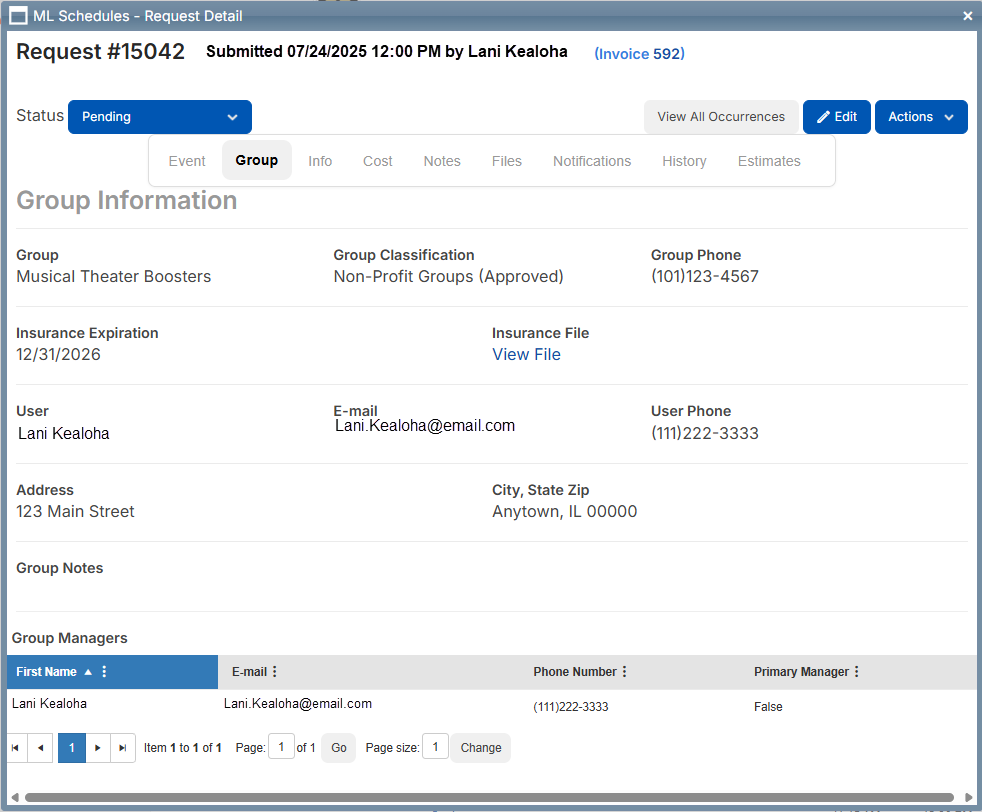 Sample request details page