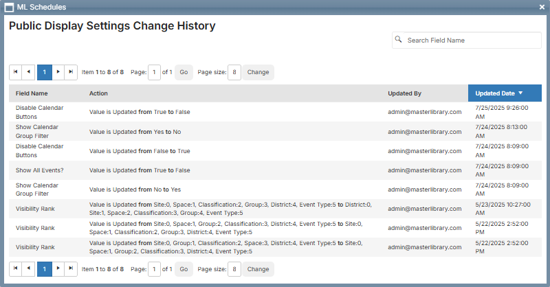 Public display settings change history page