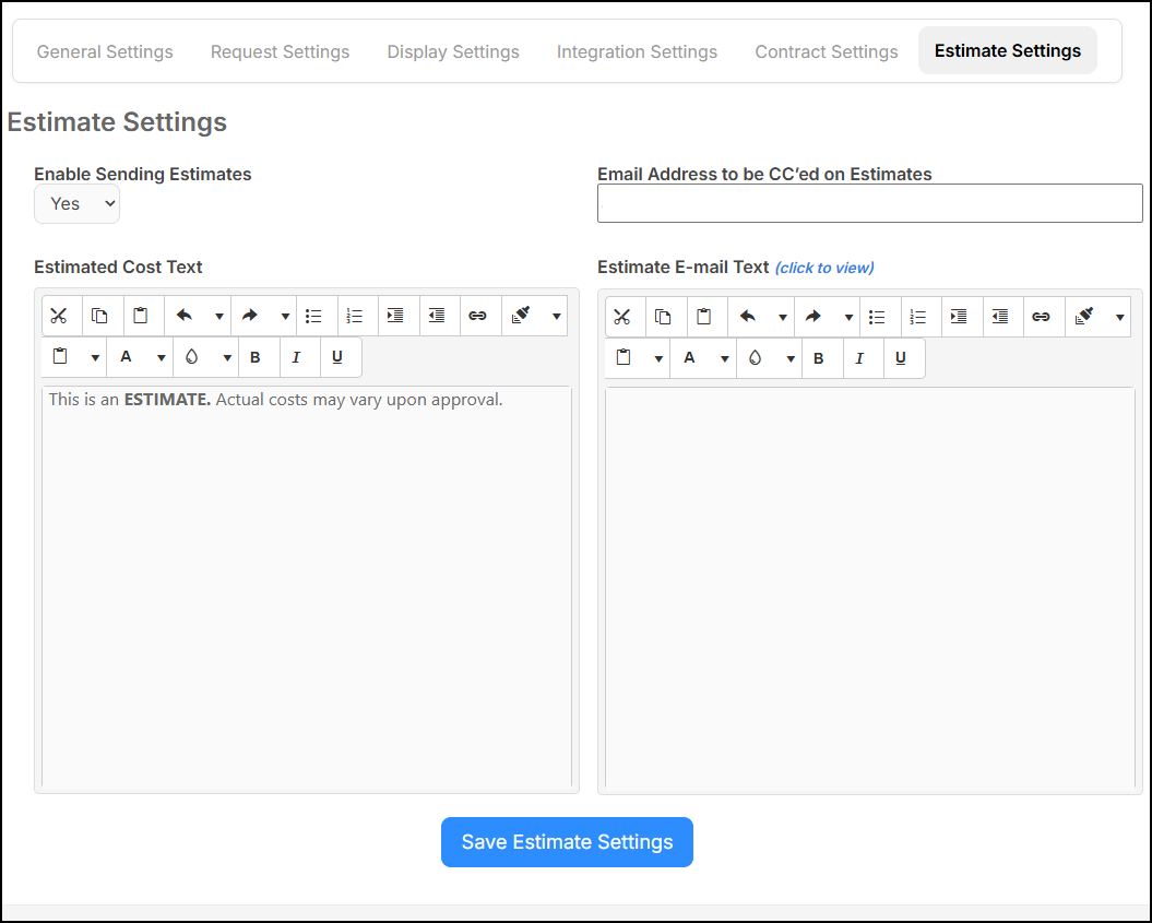 Estimate settings page