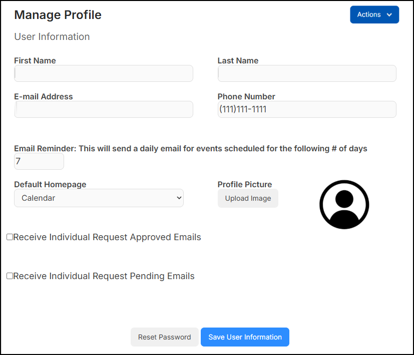 Manage profile page