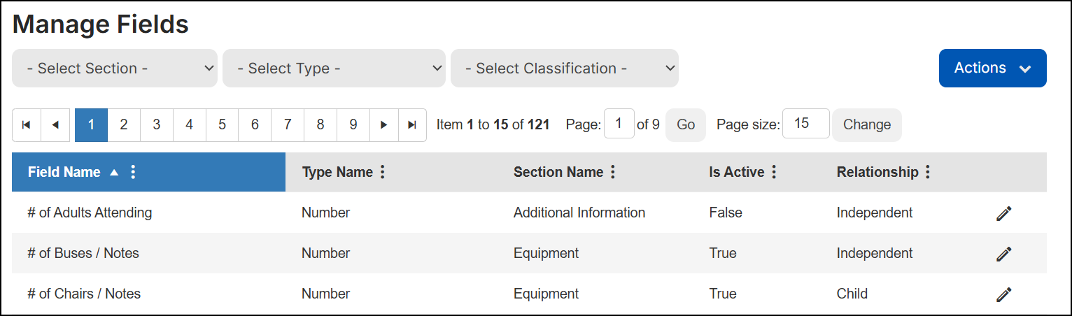 Manage fields page