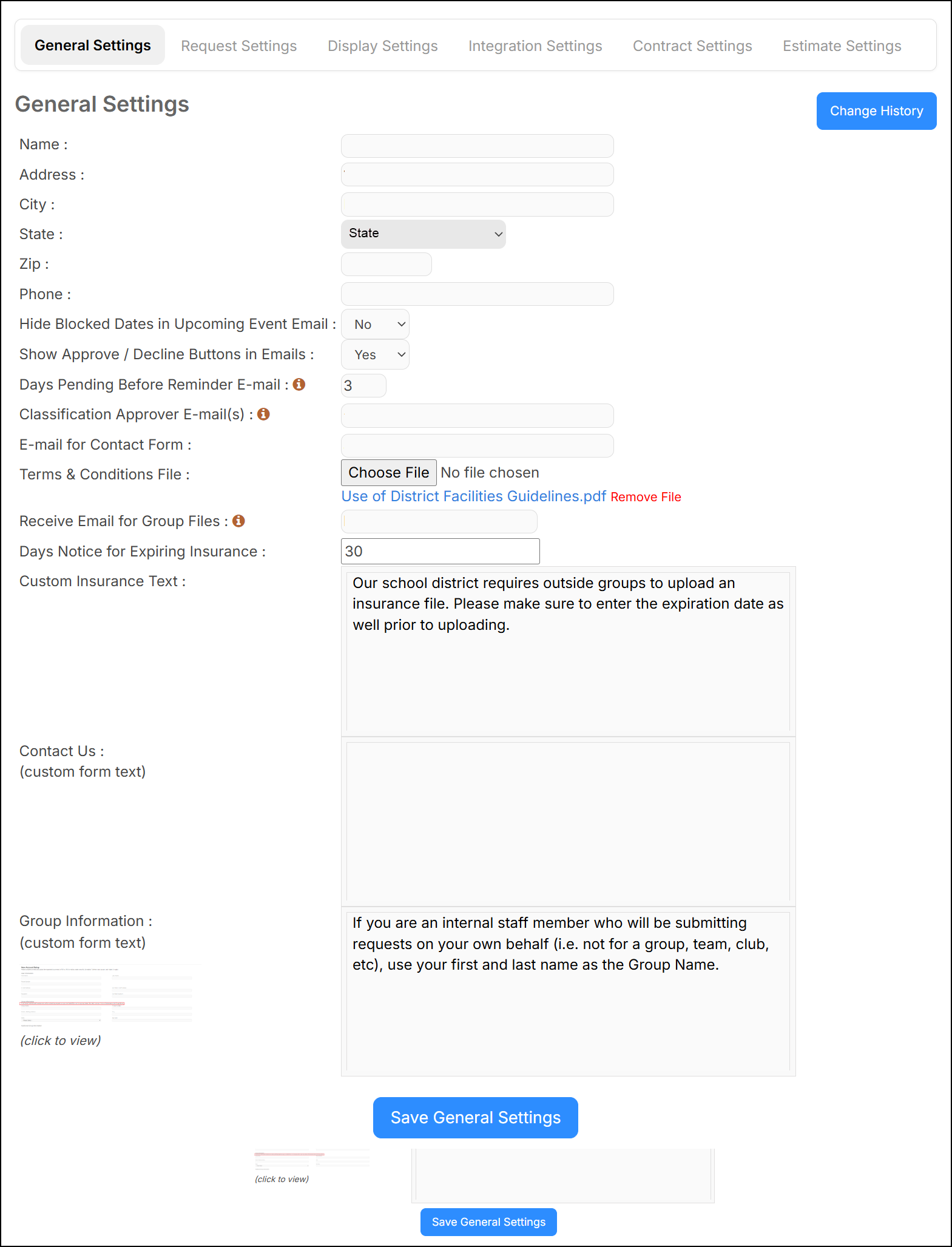 General Settings page