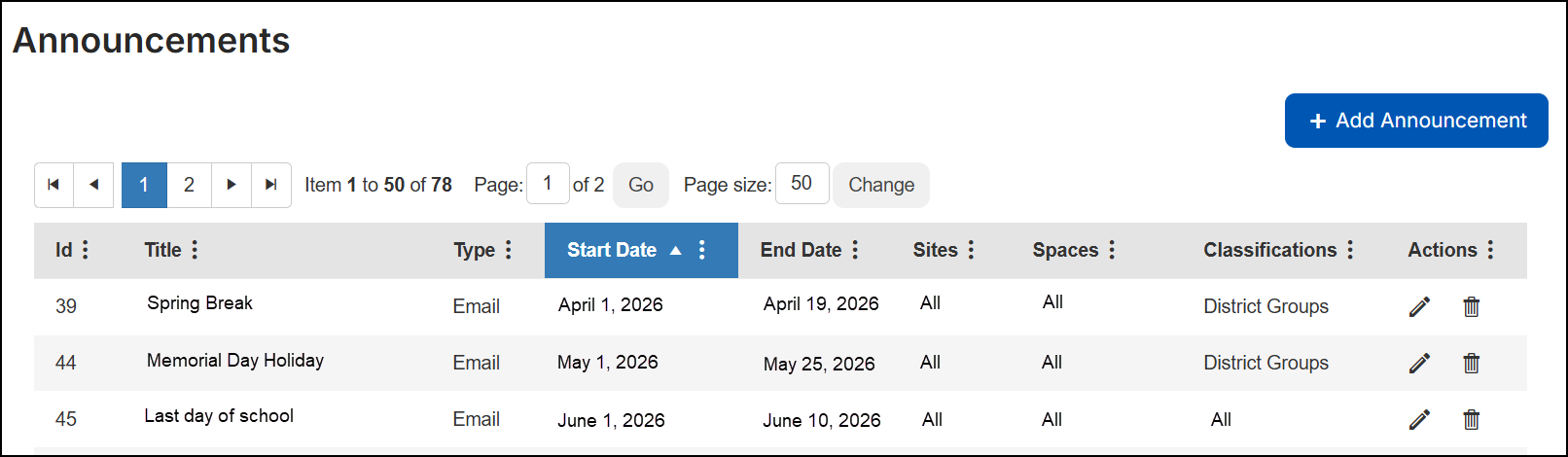 Announcements page