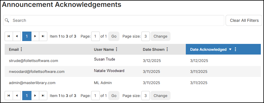 Announcements Acknowledgements page