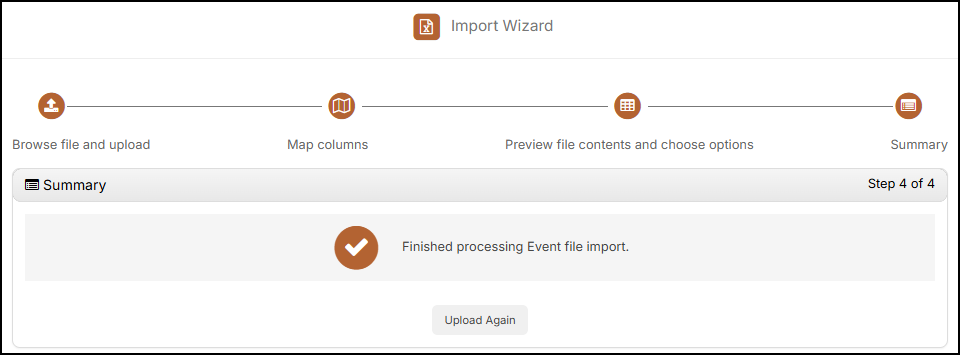 Even import wizard summary page