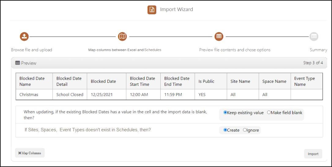 Blocked date import wizard, preview tab