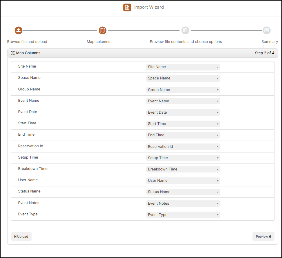 Event import wizard map columns page.