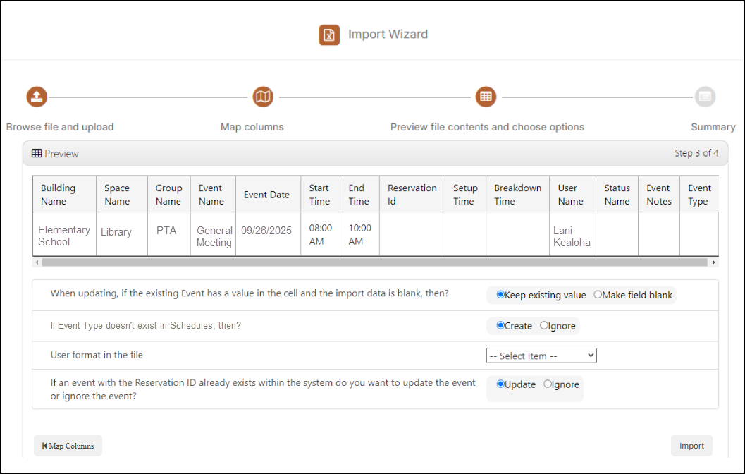 Event import wizard preview file page