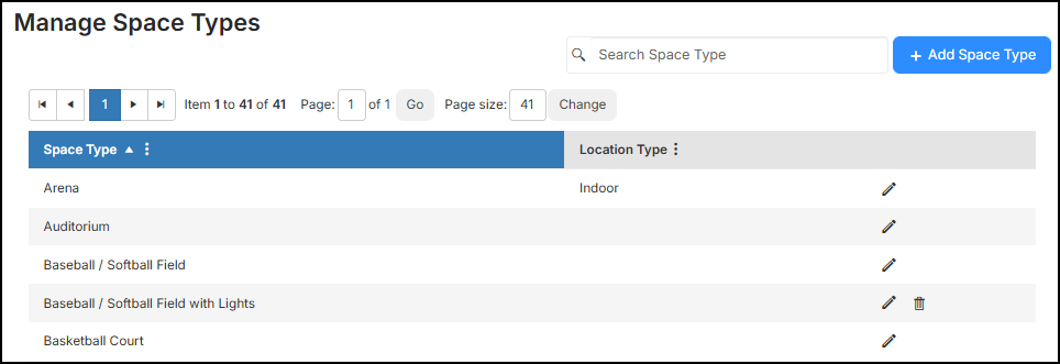 Manage space types page