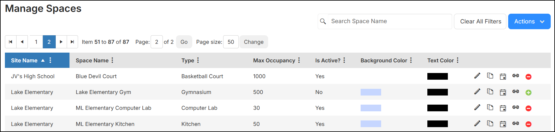 Manage spaces page