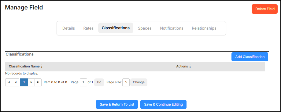 Manage field classifications tab.