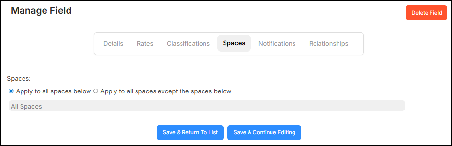 Manage field, spaces tab.