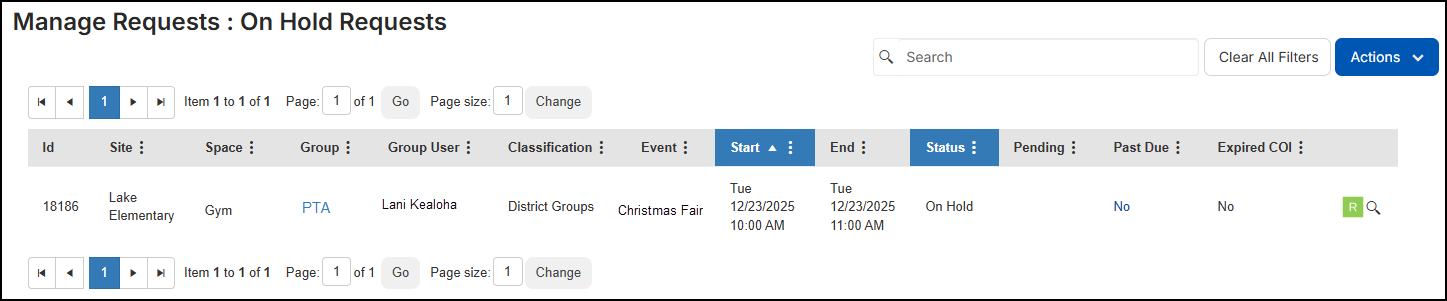 Manage requests, on hold requests page
