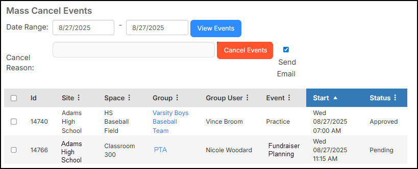Mass cancel events page.