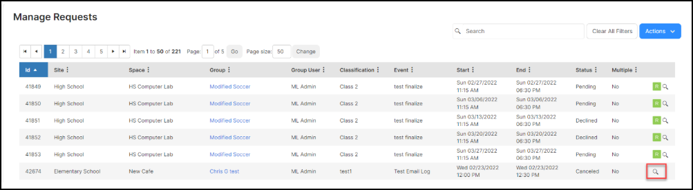 Manage requests page.