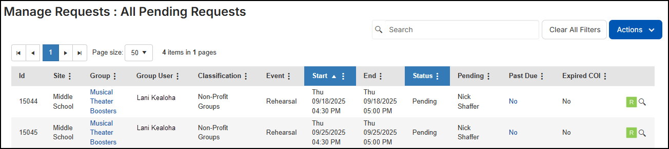 Manage requests, all pending requests page
