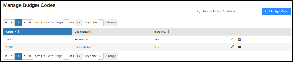 Manage budget codes page