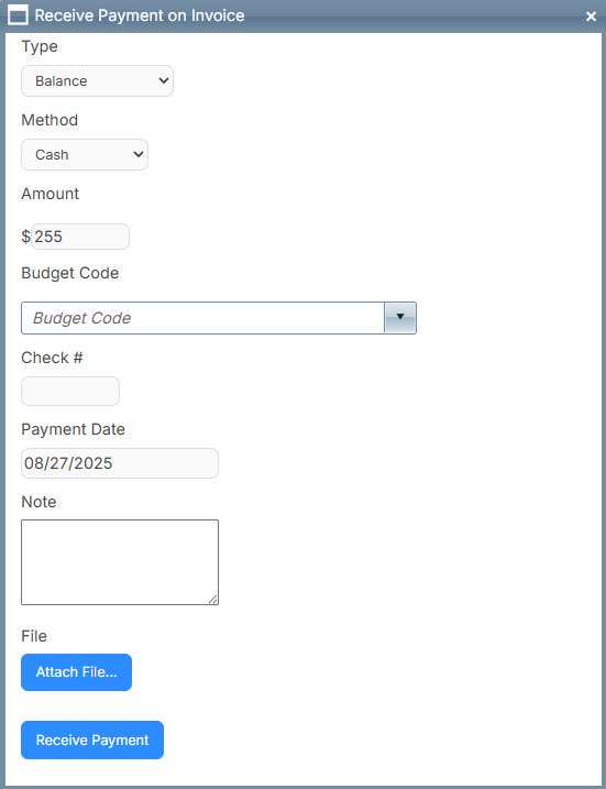 Receive payment on invoice pop-up