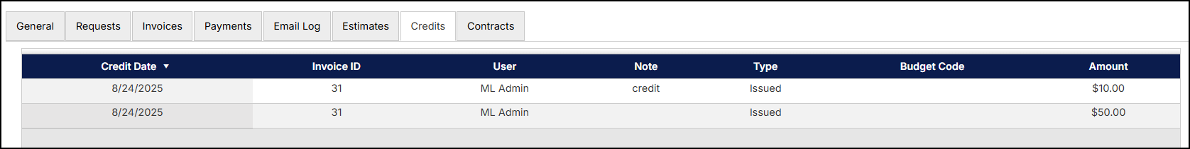 Invoice, credits tab.