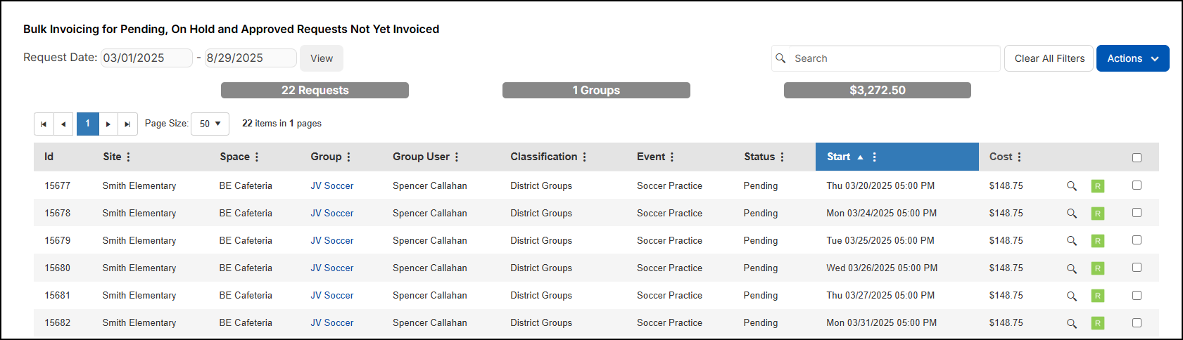 Bulk invoicing for pending, on hold, and approved requests not yet invoiced page