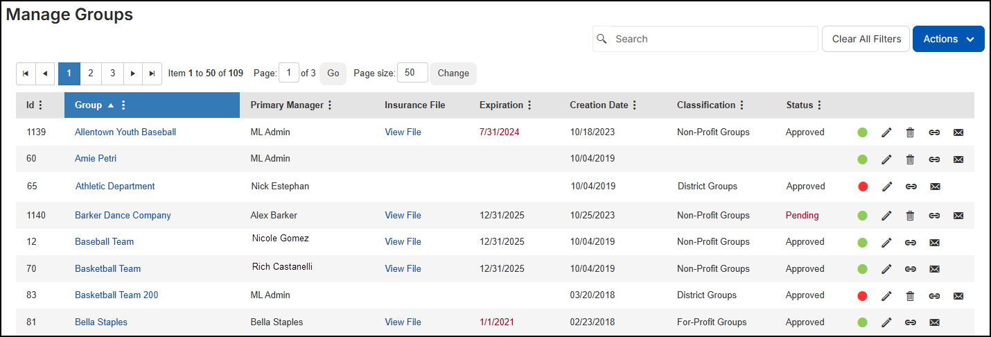 Manage groups page