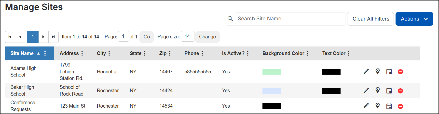 Manage sites page