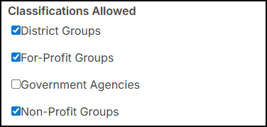 Manage Spaces, classifications allowed section.