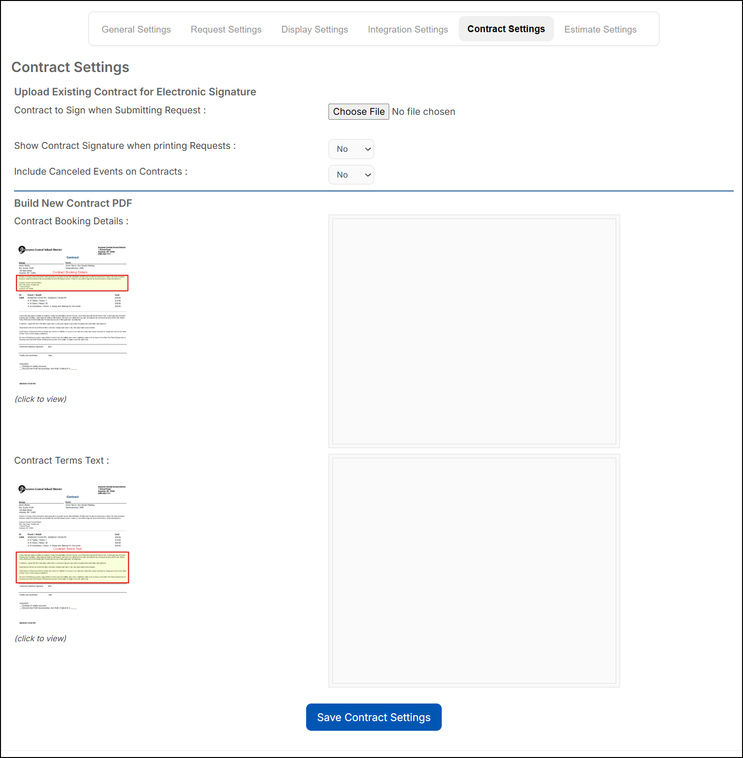 Contract settings page