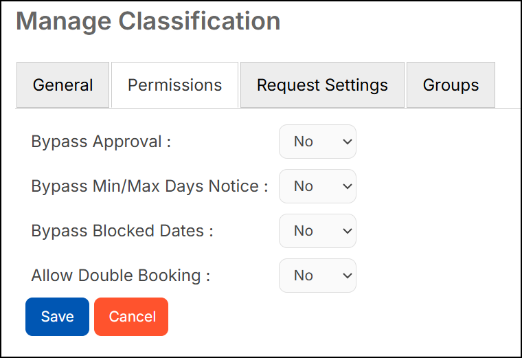 Manage classifications pop-up, permissions tab