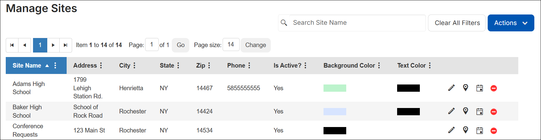 Manage sites page