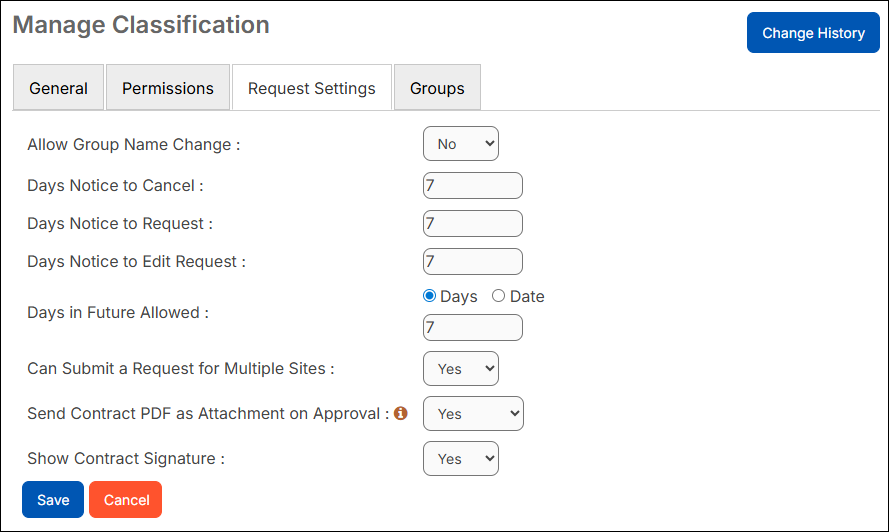 Manage classification, request settings tab.