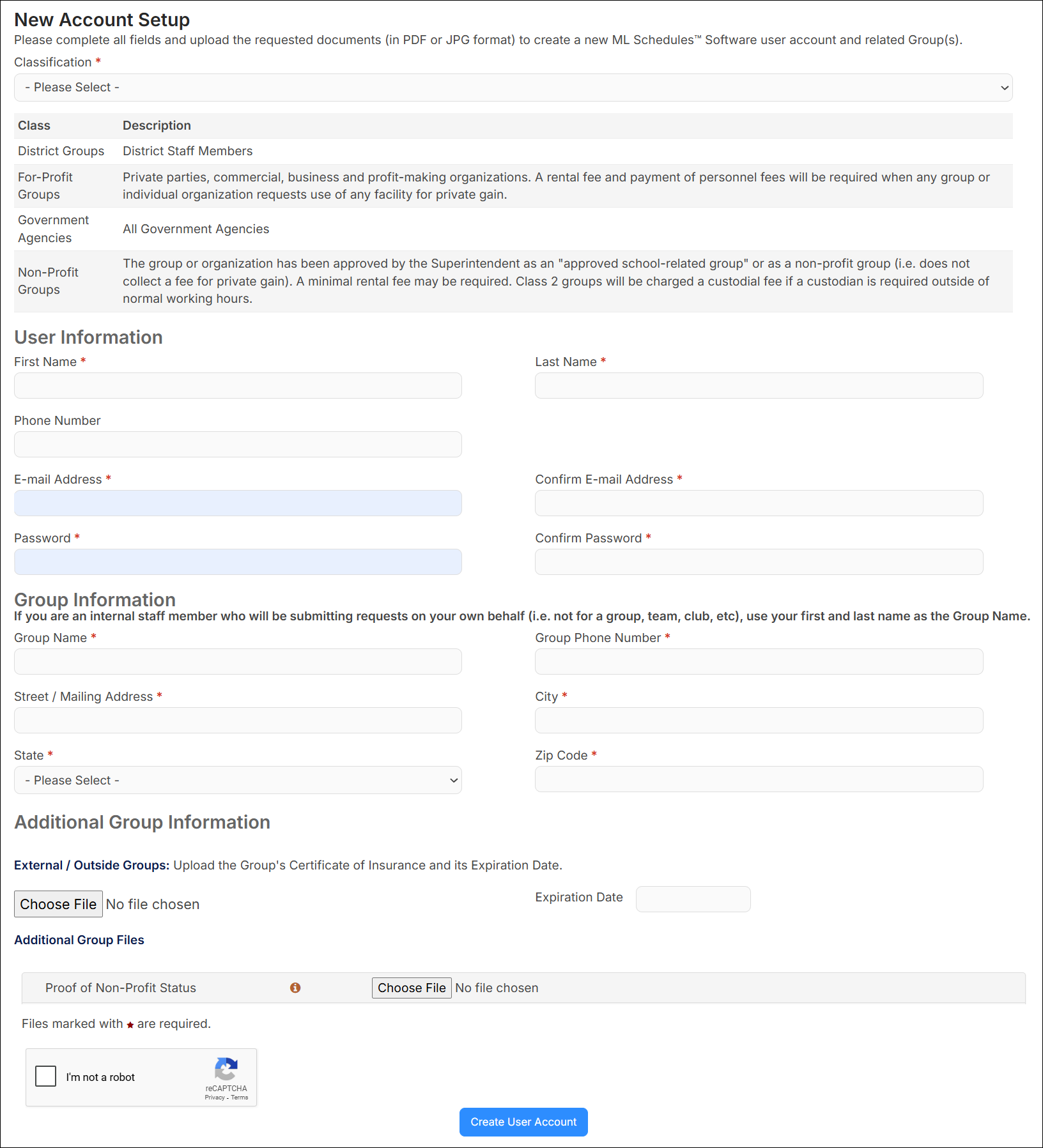 New account setup page