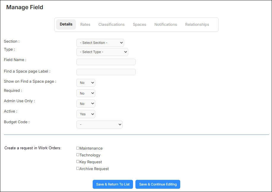 Manage field, details tab.
