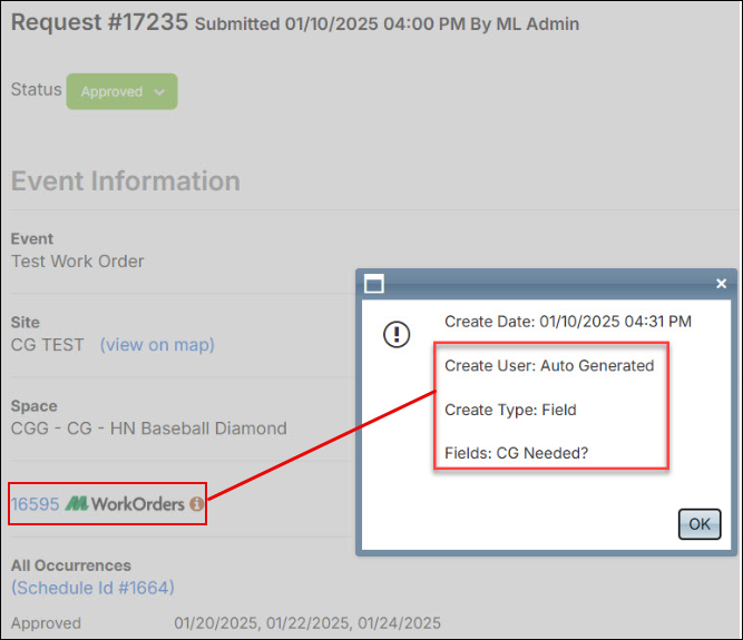 Request with Work orders link highlighted