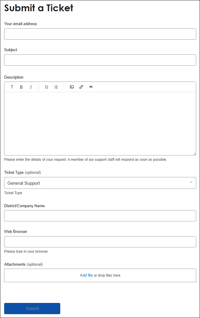 Submit a ticket page.