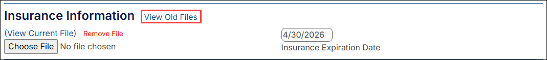 Group detail page, insurance information section with View Old Files highlighted.